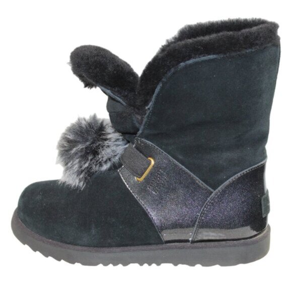 UGG Isley Shearling Lined Pom-Pom Black Shimmer Slip-On Tall Ankle Boot, Size 5 - Picture 6 of 9